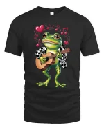 Adorable Frog Guitar Player Cartoon Graphic T Shirt Fun Style - black t-shirt on white background