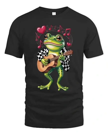 Adorable Frog Guitar Player Cartoon Graphic T Shirt Fun Style - black t-shirt on white background
