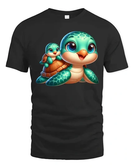 Cute Sea Turtle Baby Cartoon Graphic T Shirt Ocean Vibes Style - black t-shirt on white background