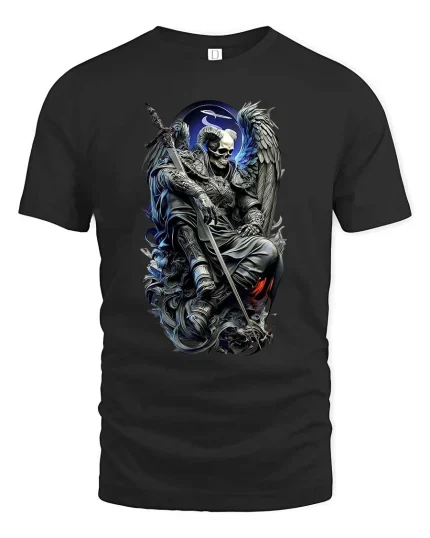 Fallen Angel Skull Warrior Graphic T Shirt Dark Fantasy Style - black t-shirt on white background