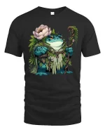 Frog Forest Druid Cartoon Graphic T Shirt Nature Fantasy Style - black t-shirt on white background