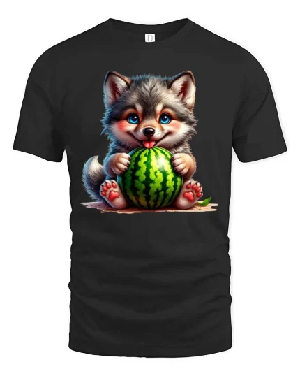 Cute Dog Watermelon Cartoon Graphic T Shirt Happy Summer Style - black t-shirt on white background