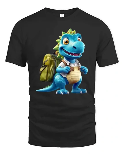 Cute Dino Backpack Cartoon Graphic T Shirt Fun School Style - black t-shirt on white background