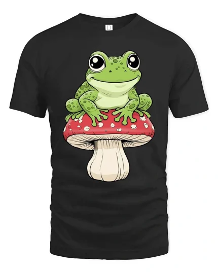 Happy Frog Sitting Mushroom Cartoon Graphic T Shirt Fun Vibe - black t-shirt on white background