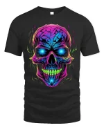 Neon Skull Glow Graphic T Shirt Cyber Punk Style Streetwear - black t-shirt on white background