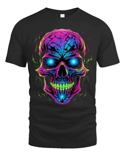 Neon Skull Glow Graphic T Shirt Cyber Punk Style Streetwear - black t-shirt on white background