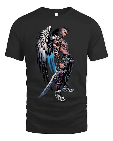Fallen Angel Warrior Tattoo Graphic T Shirt Dark Street Style - black t-shirt on white background