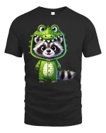 Cute Raccoon Dinosaur Costume Cartoon Graphic T Shirt Fun Style - black t-shirt on white background
