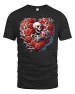 Skeleton Heart Roses Gift Graphic T Shirt Gothic Love Style - black t-shirt on white background