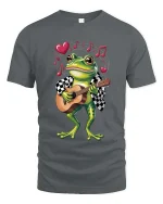 Adorable Frog Guitar Player Cartoon Graphic T Shirt Fun Style - gray t-shirt on white background