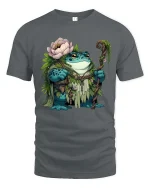 Frog Forest Druid Cartoon Graphic T Shirt Nature Fantasy Style - gray t-shirt on white background