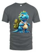 Cute Dino Backpack Cartoon Graphic T Shirt Fun School Style - gray t-shirt on white background
