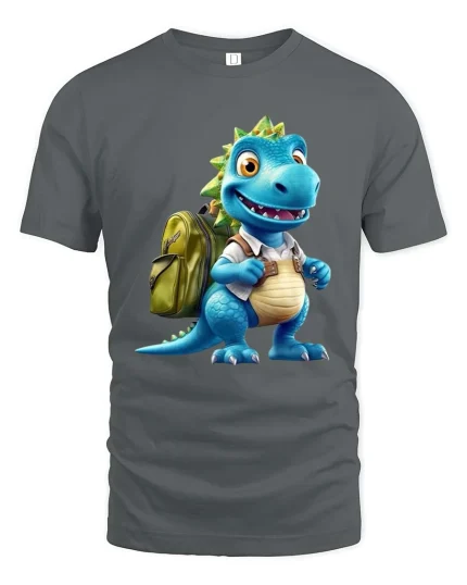 Cute Dino Backpack Cartoon Graphic T Shirt Fun School Style - gray t-shirt on white background