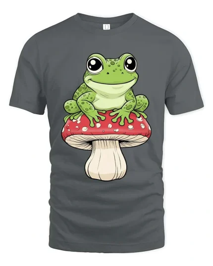 Happy Frog Sitting Mushroom Cartoon Graphic T Shirt Fun Vibe - gray t-shirt on white background