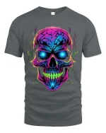Neon Skull Glow Graphic T Shirt Cyber Punk Style Streetwear - gray t-shirt on white background