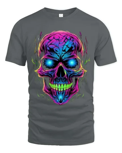 Neon Skull Glow Graphic T Shirt Cyber Punk Style Streetwear - gray t-shirt on white background