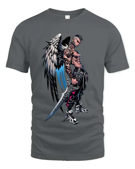 Fallen Angel Warrior Tattoo Graphic T Shirt Dark Street Style - gray t-shirt on white background
