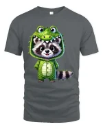 Cute Raccoon Dinosaur Costume Cartoon Graphic T Shirt Fun Style - gray t-shirt on white background