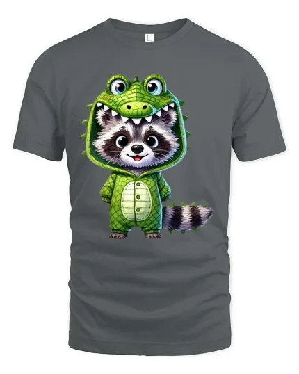 Cute Raccoon Dinosaur Costume Cartoon Graphic T Shirt Fun Style - gray t-shirt on white background