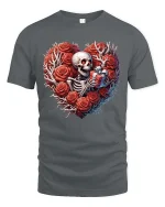 Skeleton Heart Roses Gift Graphic T Shirt Gothic Love Style - gray t-shirt on white background