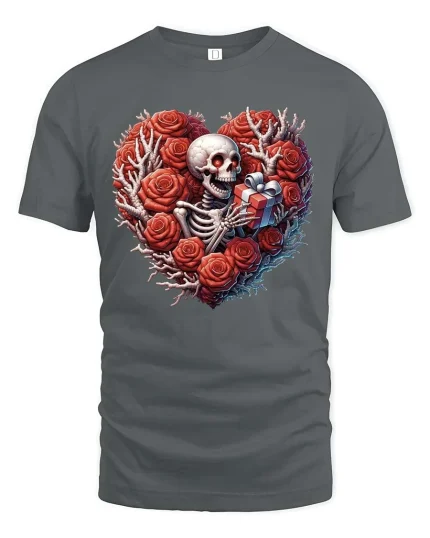 Skeleton Heart Roses Gift Graphic T Shirt Gothic Love Style - gray t-shirt on white background