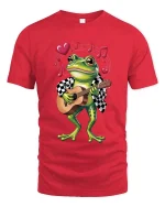 Adorable Frog Guitar Player Cartoon Graphic T Shirt Fun Style - red t-shirt on white background