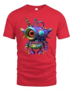 Colorful Alien Monster Cartoon Graphic T Shirt Psychedelic Style - red t-shirt on white background
