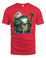 Frog Forest Druid Cartoon Graphic T Shirt Nature Fantasy Style - red t-shirt on white background