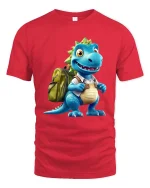 Cute Dino Backpack Cartoon Graphic T Shirt Fun School Style - red t-shirt on white background