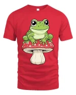 Happy Frog Sitting Mushroom Cartoon Graphic T Shirt Fun Vibe - red t-shirt on white background