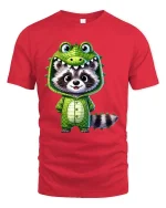 Cute Raccoon Dinosaur Costume Cartoon Graphic T Shirt Fun Style - red t-shirt on white background