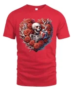 Skeleton Heart Roses Gift Graphic T Shirt Gothic Love Style - red t-shirt on white background