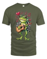 Adorable Frog Guitar Player Cartoon Graphic T Shirt Fun Style - military green t-shirt on white background