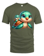 Cute Sea Turtle Baby Cartoon Graphic T Shirt Ocean Vibes Style - military green t-shirt on white background