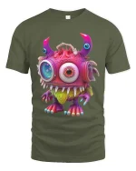 Cute One Eyed Alien Monster Cartoon Graphic T Shirt Fun Style - military green t-shirt on white background