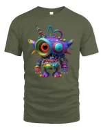 Colorful Alien Monster Cartoon Graphic T Shirt Psychedelic Style - military green t-shirt on white background