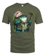 Frog Forest Druid Cartoon Graphic T Shirt Nature Fantasy Style - military green t-shirt on white background