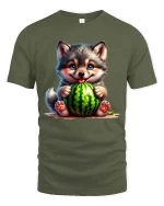 Cute Dog Watermelon Cartoon Graphic T Shirt Happy Summer Style - military green t-shirt on white background