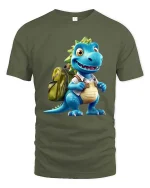 Cute Dino Backpack Cartoon Graphic T Shirt Fun School Style - military green t-shirt on white background