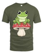 Happy Frog Sitting Mushroom Cartoon Graphic T Shirt Fun Vibe - military green t-shirt on white background