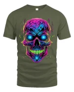 Neon Skull Glow Graphic T Shirt Cyber Punk Style Streetwear - military green t-shirt on white background