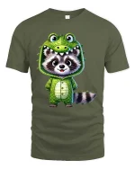 Cute Raccoon Dinosaur Costume Cartoon Graphic T Shirt Fun Style - military green t-shirt on white background