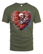 Skeleton Heart Roses Gift Graphic T Shirt Gothic Love Style - military green t-shirt on white background