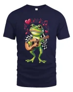 Adorable Frog Guitar Player Cartoon Graphic T Shirt Fun Style - navy t-shirt on white background