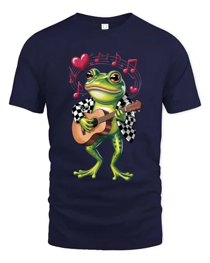 Adorable Frog Guitar Player Cartoon Graphic T Shirt Fun Style - navy t-shirt on white background