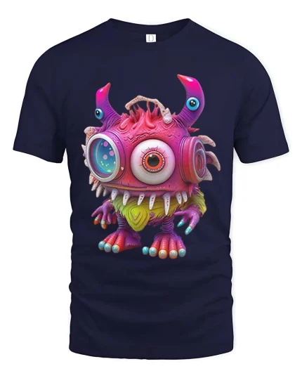 Cute One Eyed Alien Monster Cartoon Graphic T Shirt Fun Style - navy t-shirt on white background