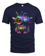 Colorful Alien Monster Cartoon Graphic T Shirt Psychedelic Style - navy t-shirt on white background