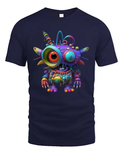 Colorful Alien Monster Cartoon Graphic T Shirt Psychedelic Style - navy t-shirt on white background