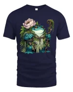 Frog Forest Druid Cartoon Graphic T Shirt Nature Fantasy Style - navy t-shirt on white background