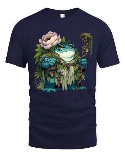 Frog Forest Druid Cartoon Graphic T Shirt Nature Fantasy Style - navy t-shirt on white background